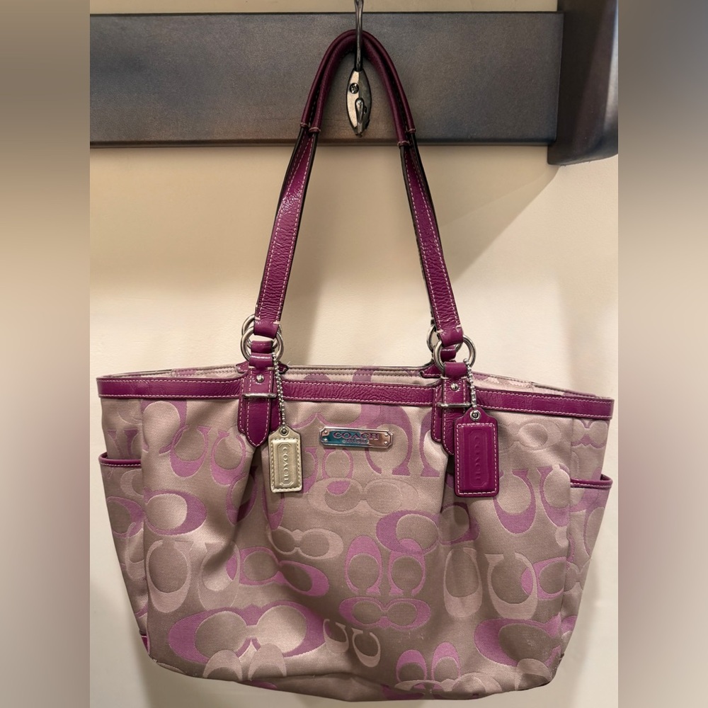 Coach Signature Canvas Tote Bag Purple Patent Leather Trim Shoulder Bag